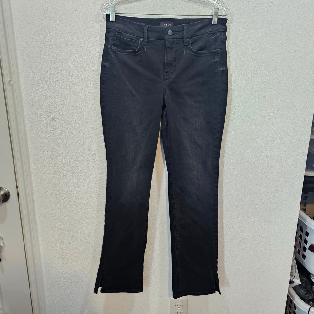 NYDJ Marilyn Straight Leg Black Jeans Lift Tuck Side Slit Size 10